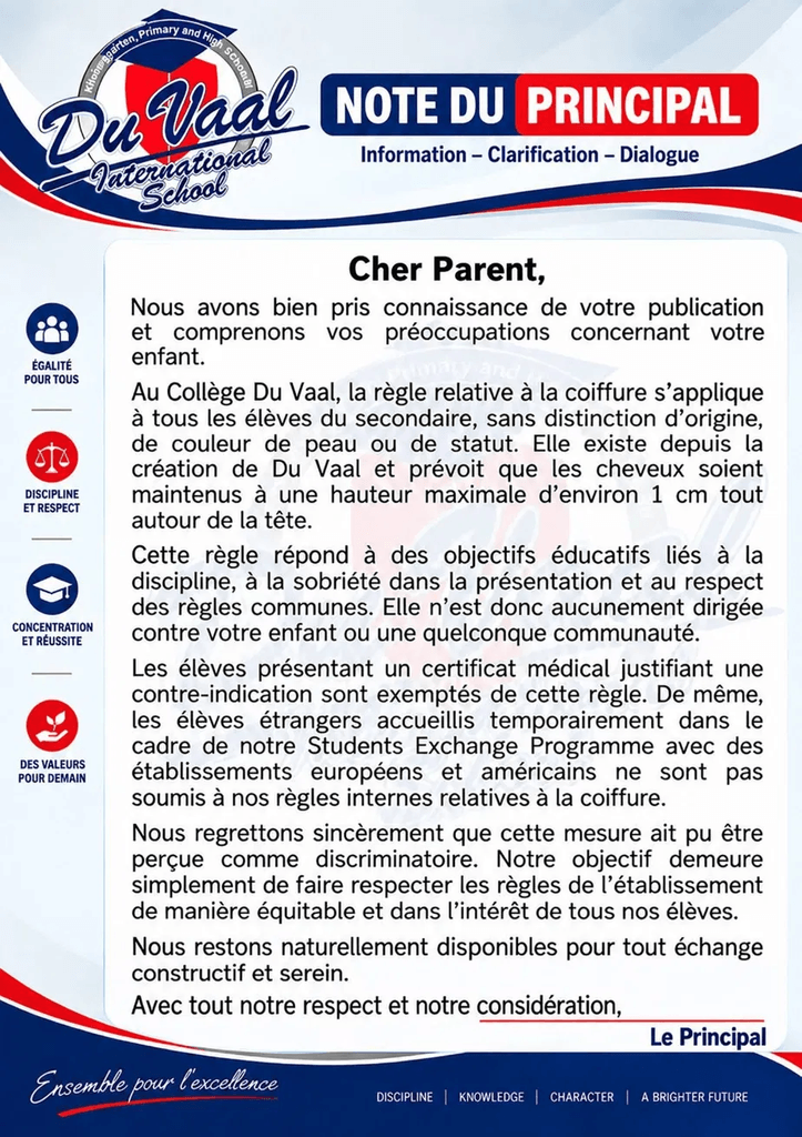 Note officielle du principal de Du Vaal International School sur la règle de coiffure de 1 cm